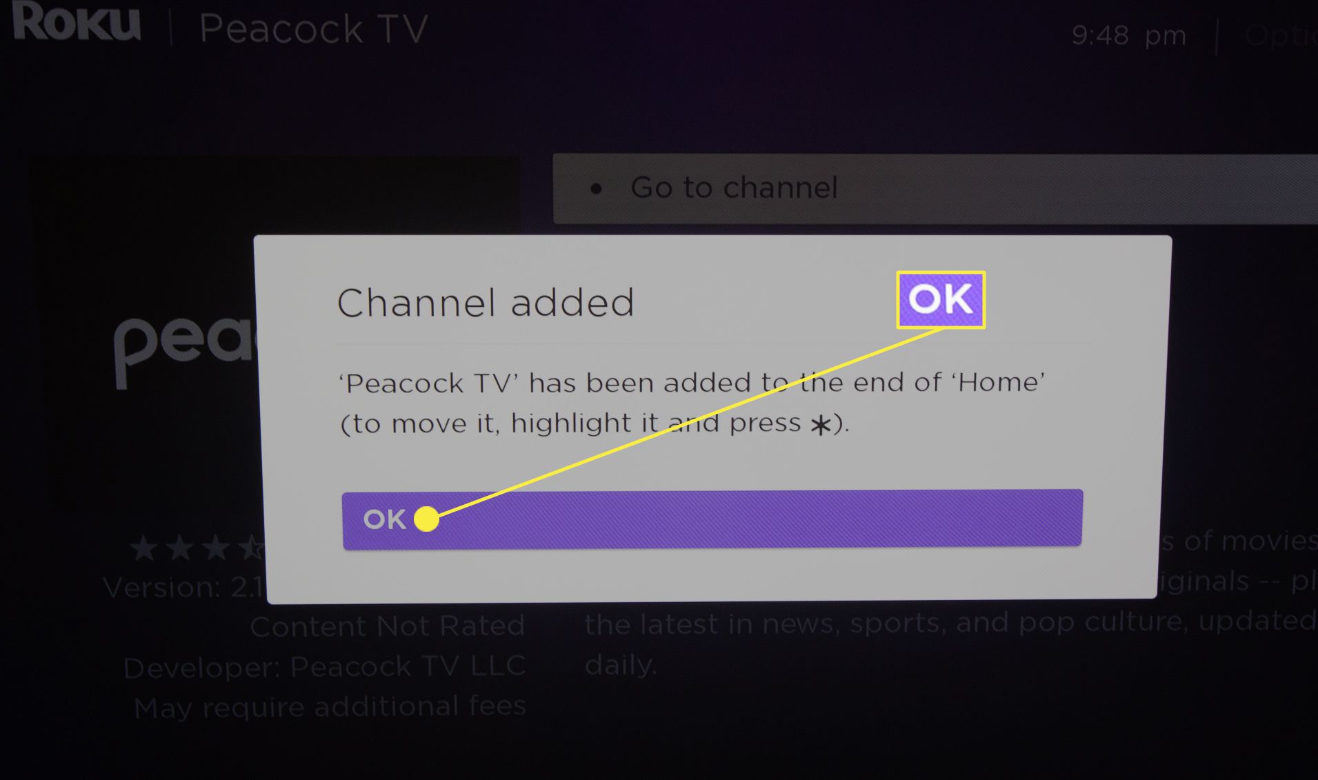 Korostettu OK-painike vahvistaa Peacock-sovelluksen latauksen Roku TV:ssä
