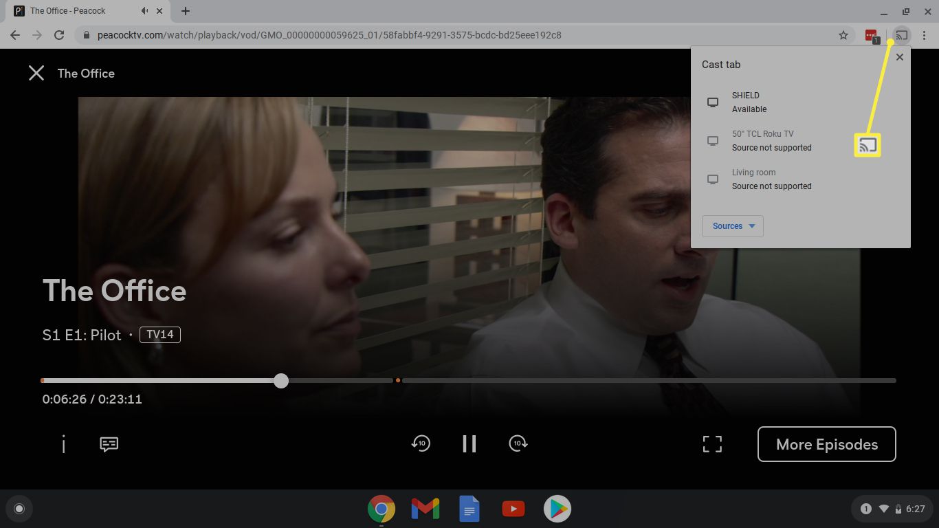 Chromecast-kuvake korostettuna Google Chrome -selaimen suoratoistossa Peacock TV