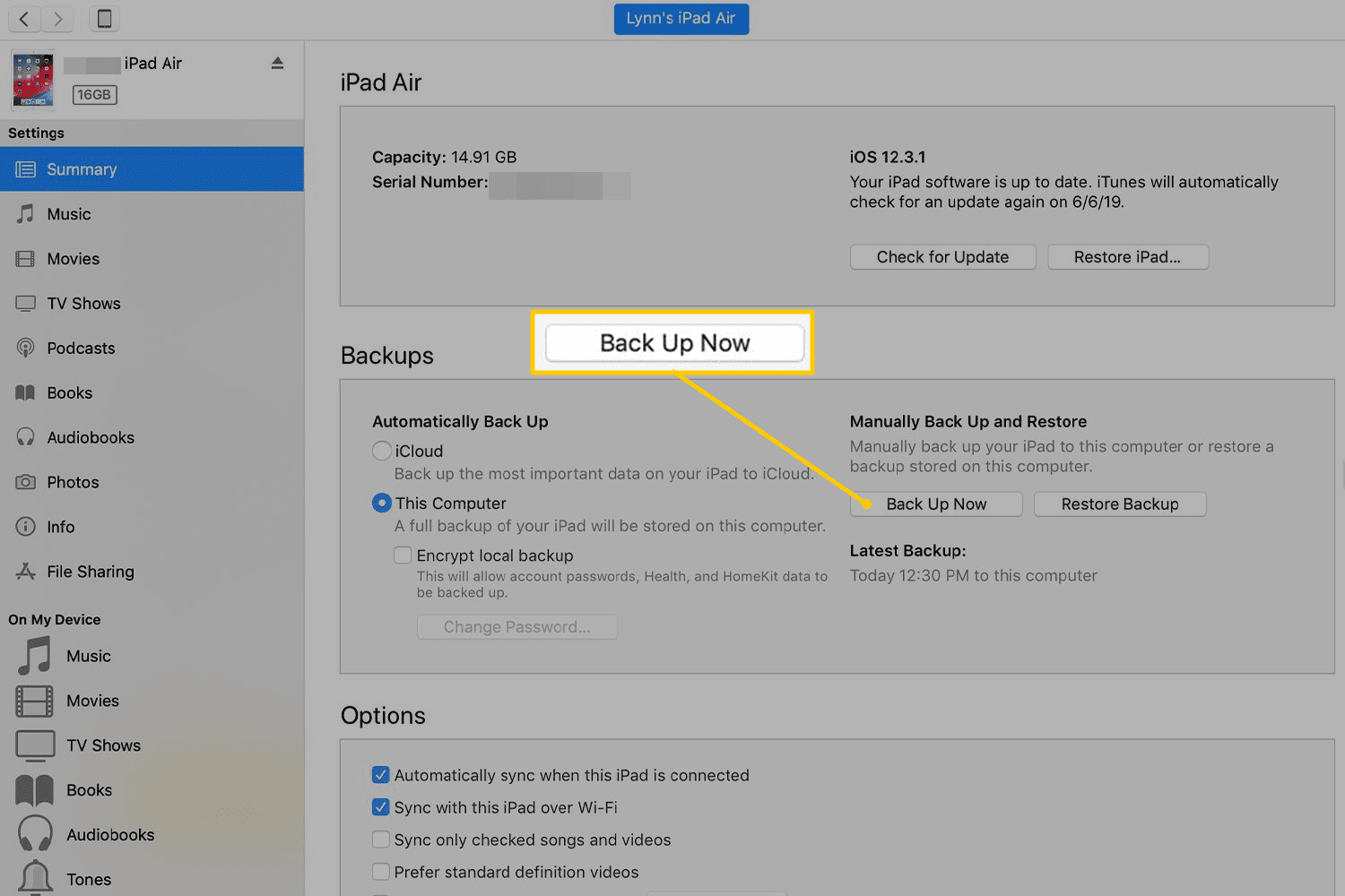Varmuuskopioi nyt -painike macOS:n iTunesissa