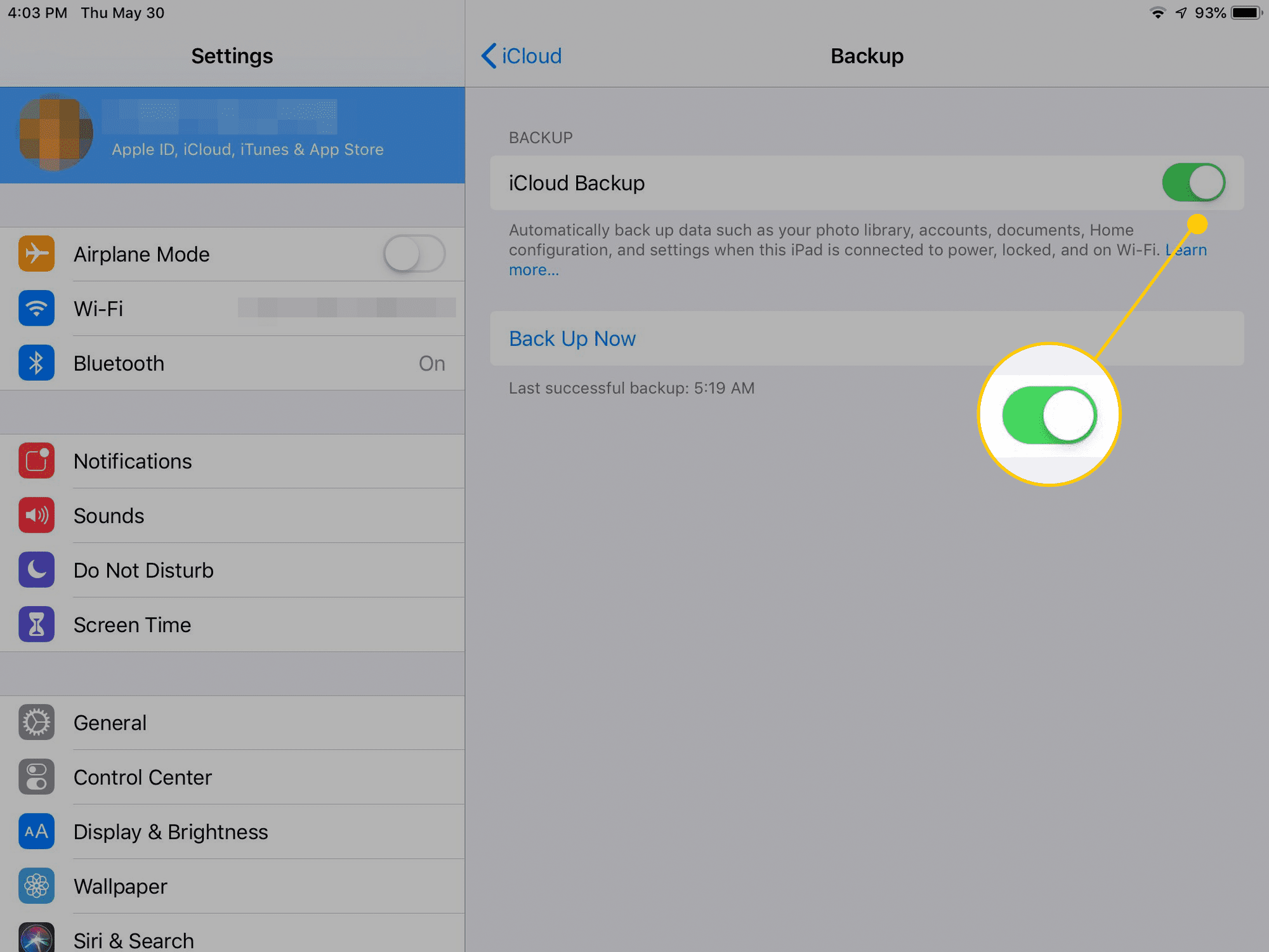 Ota iCloud Backup käyttöön iPadin iOS-asetuksissa