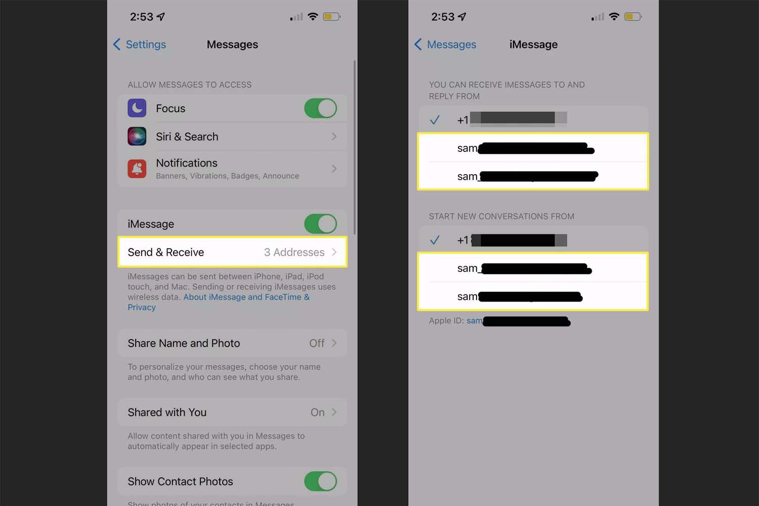 iMessage-asetukset lähetystä ja vastaanottamista varten iPhonessa.