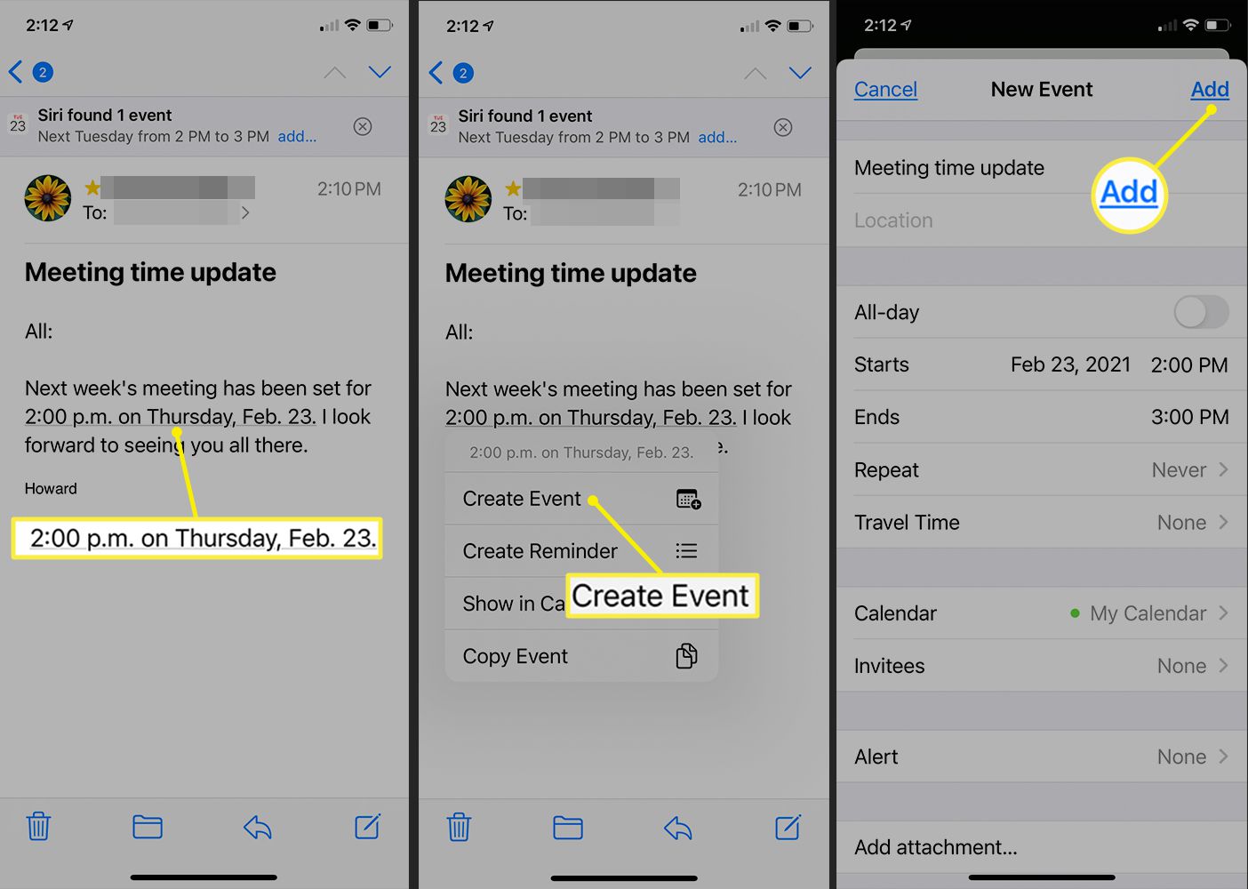 iOS Mail näyttää Sirin tunnistaman tapahtuman