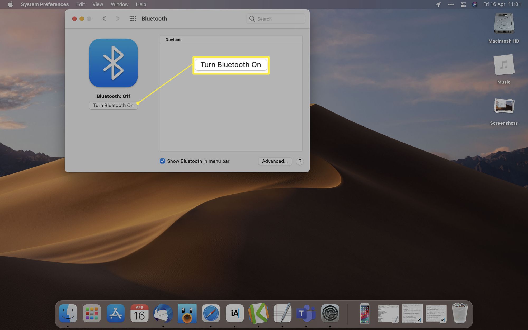 MacOS ja Ota Bluetooth käyttöön korostettuna