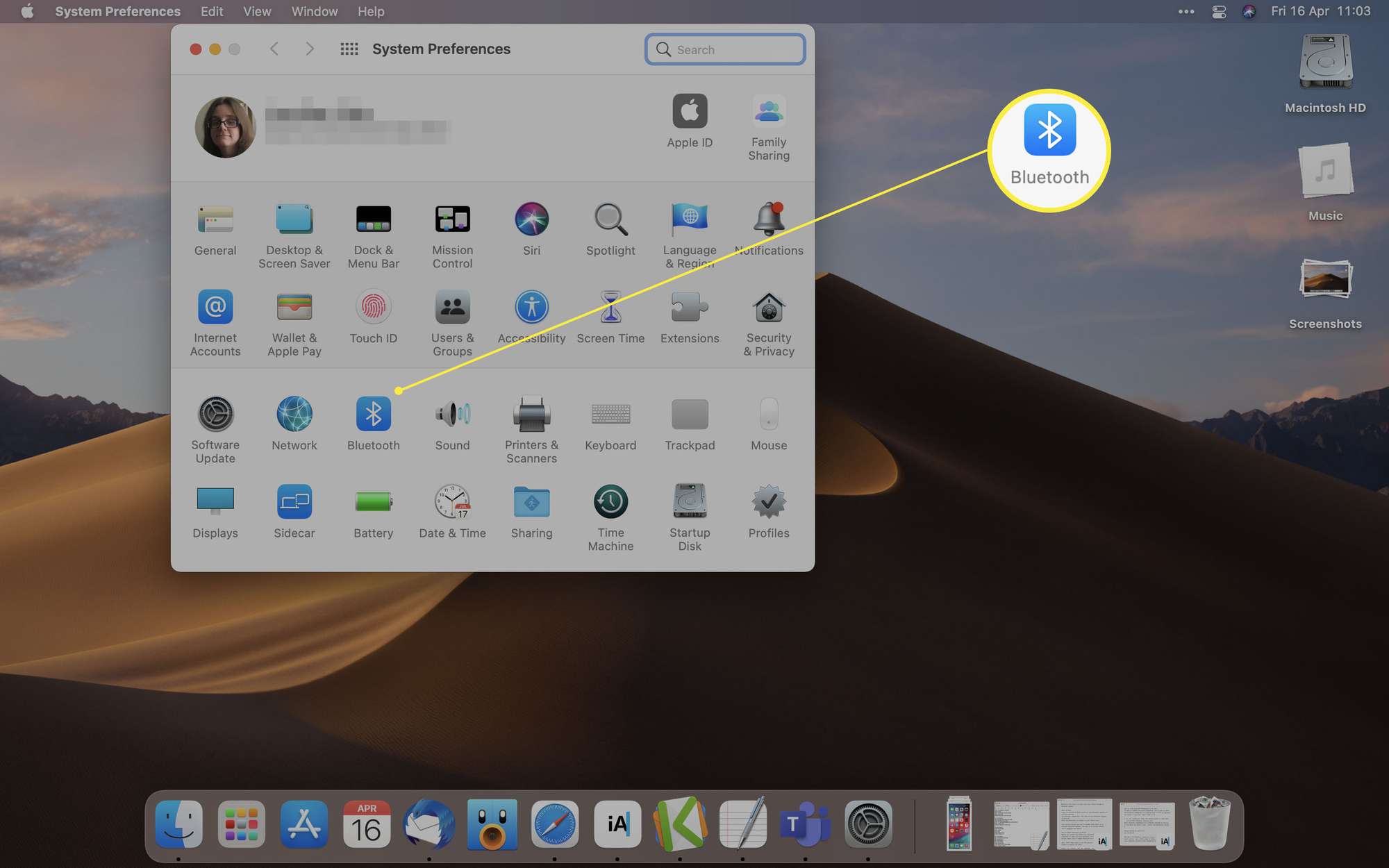 MacOS-järjestelmäasetukset, joissa Bluetooth on korostettuna