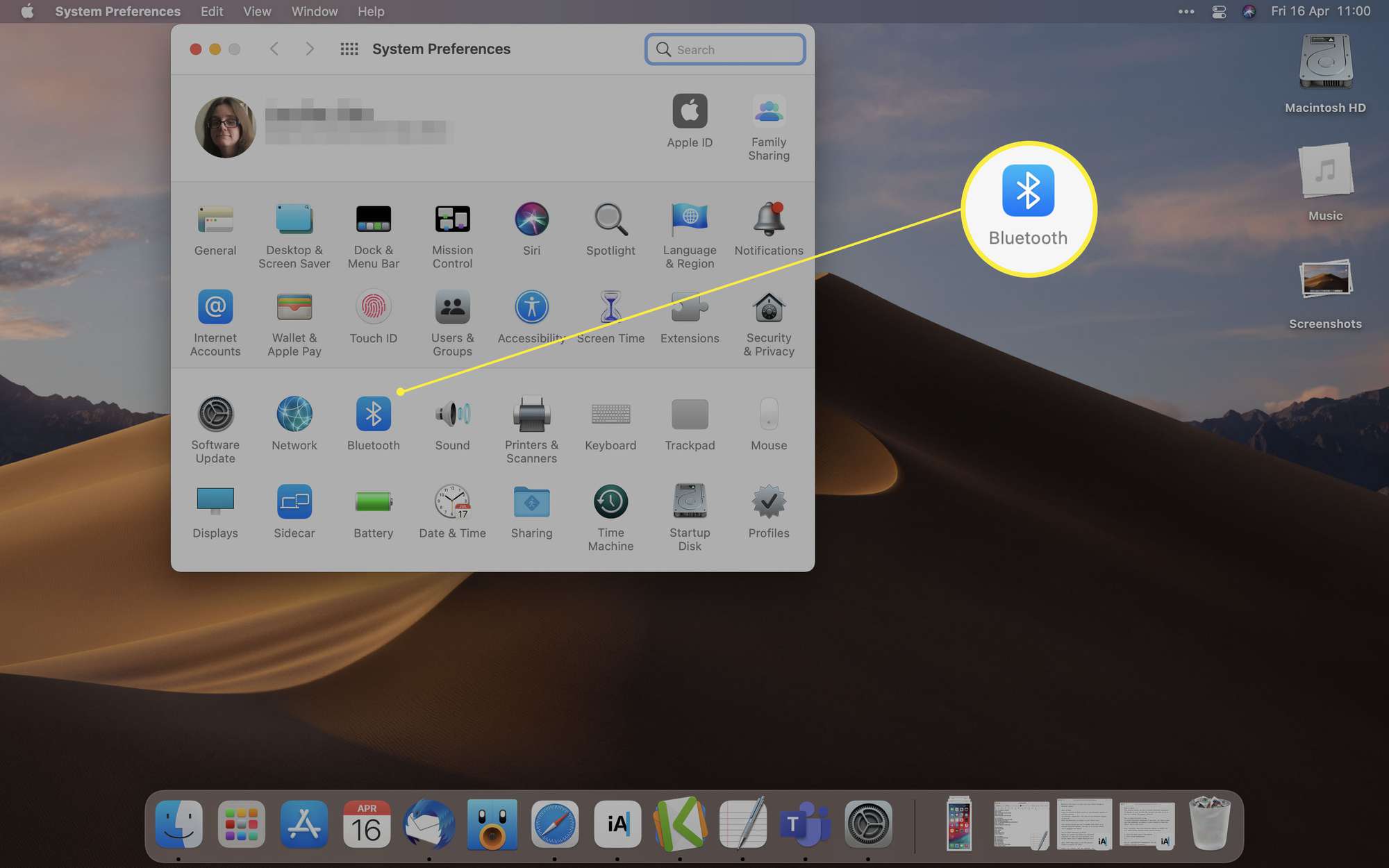 MacOS-järjestelmäasetukset, joissa Bluetooth on korostettuna
