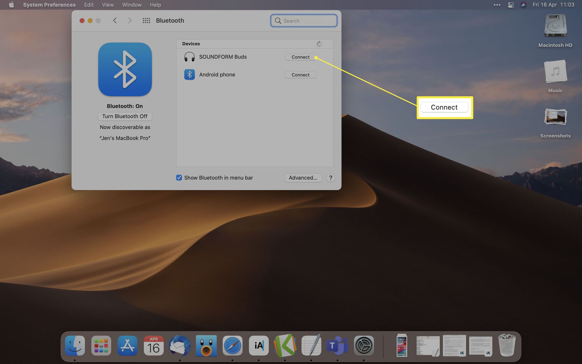MacOS Kun Bluetooth-laiteluettelo on auki ja Yhdistä korostettuna