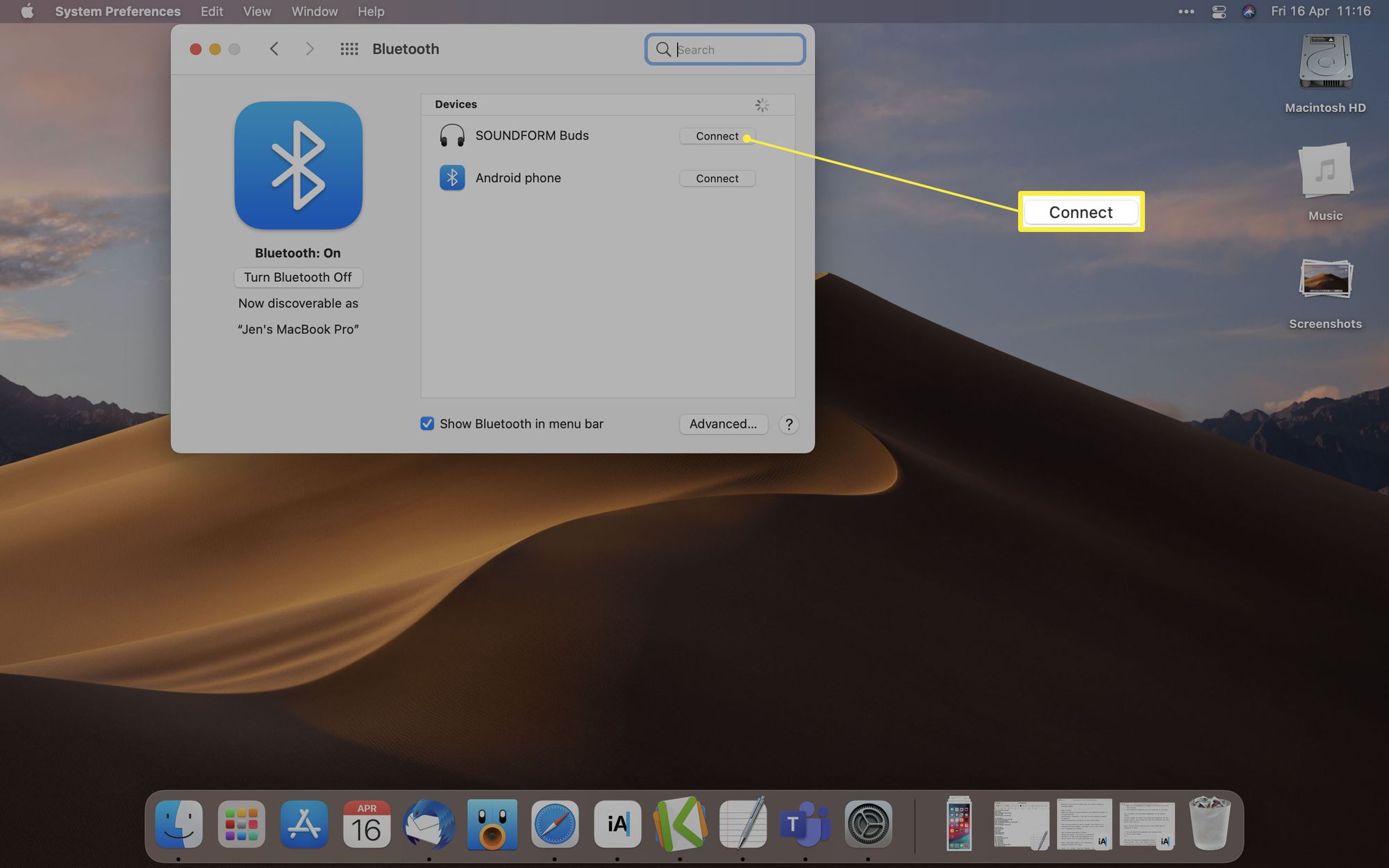 MacOS Bluetooth-asetuksella avautuu ja Yhdistä korostettuna