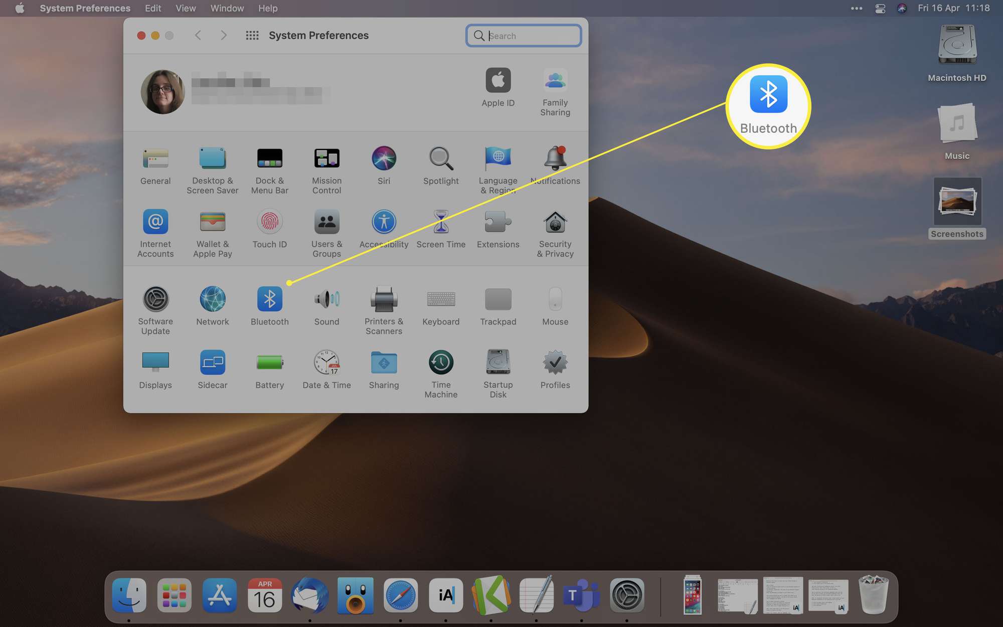 MacOS, jossa Bluetooth-asetukset on korostettu järjestelmäasetuksissa