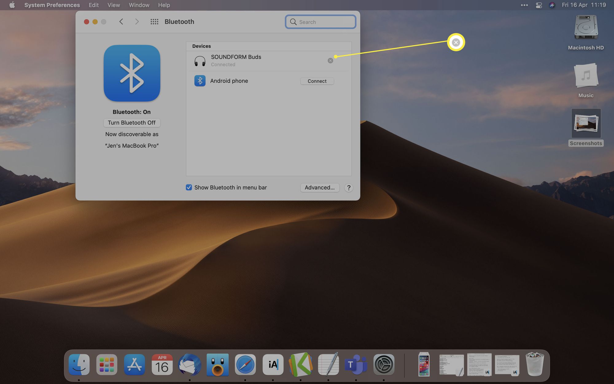 MacOS Bluetooth-asetukset, joissa yhteys x on korostettu Bluetooth-kaiuttimen vieressä