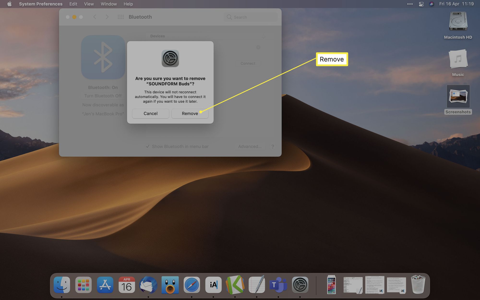 MacOS Bluetooth-asetukset, joissa Poista laite on korostettuna