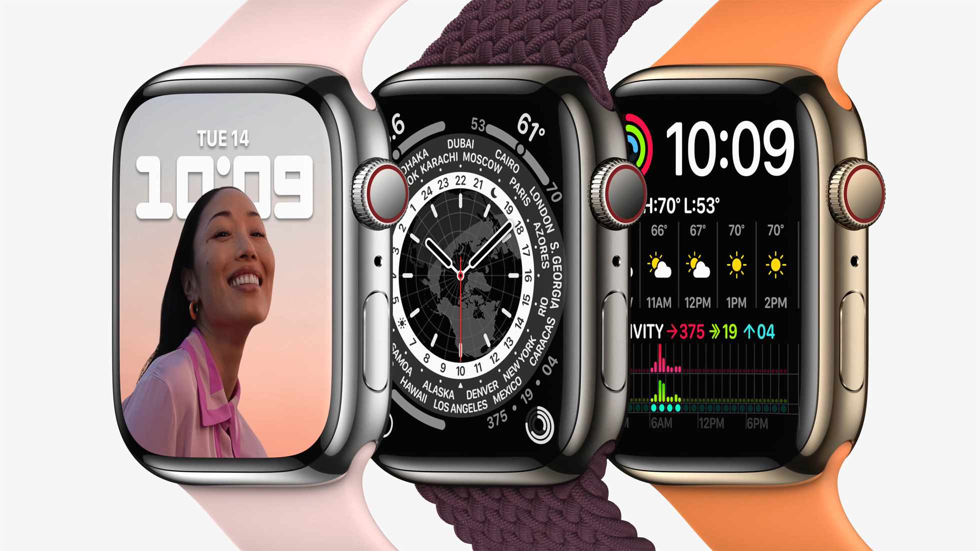 Apple Watch Series 7 eri väreissä eri kellonrannekkeilla