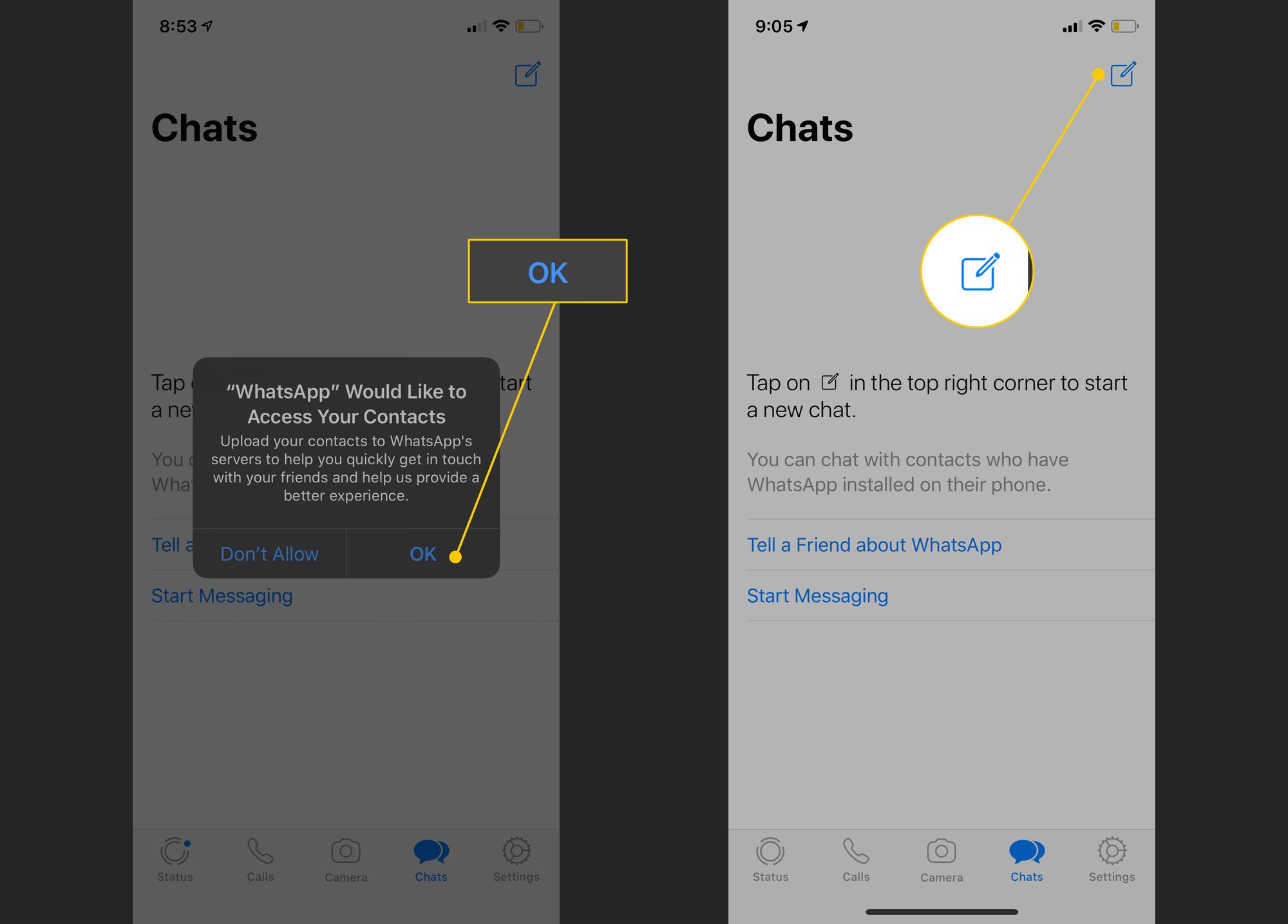 OK-painike, uusi chat-painike WhatsAppissa iOS:ssä