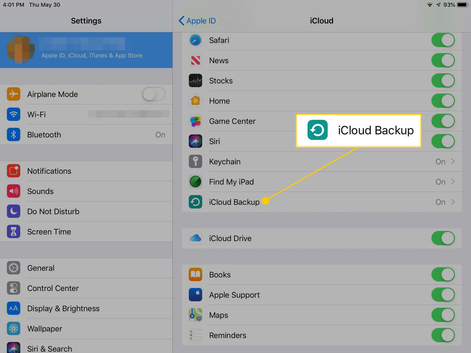 iCloud Backup -painike iPadin iOS-asetuksissa