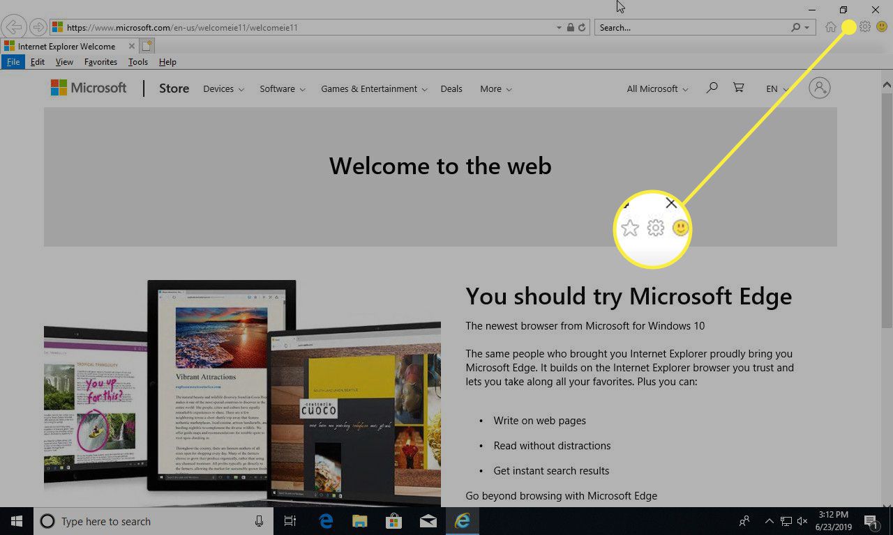 Internet Explorer, jossa Asetukset-ratas on korostettuna