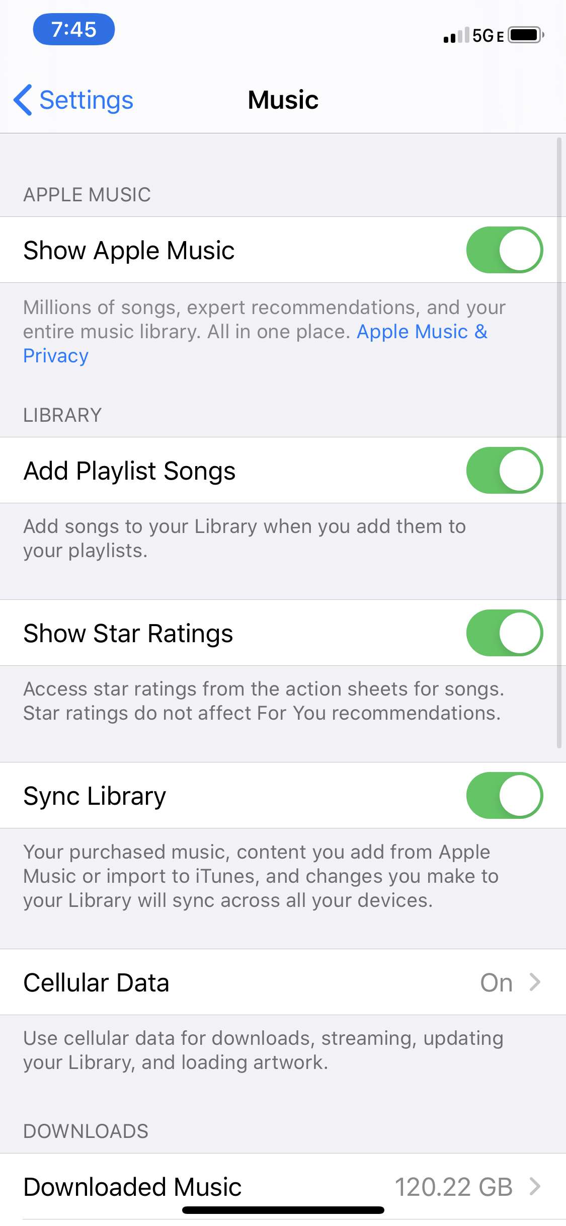 Näyttökuva iOS-musiikkisovelluksen asetuksista