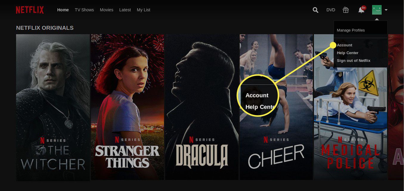 Kuvakaappaus Netflixin kotisivusta, jossa tilivaihtoehto on korostettuna