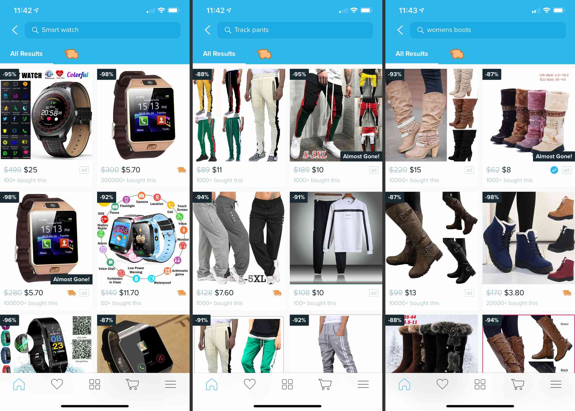 Kolme iOS:n Wish-sovellusnäyttöä, joissa näkyvät älykellot, verkkarit ja naisten saappaat