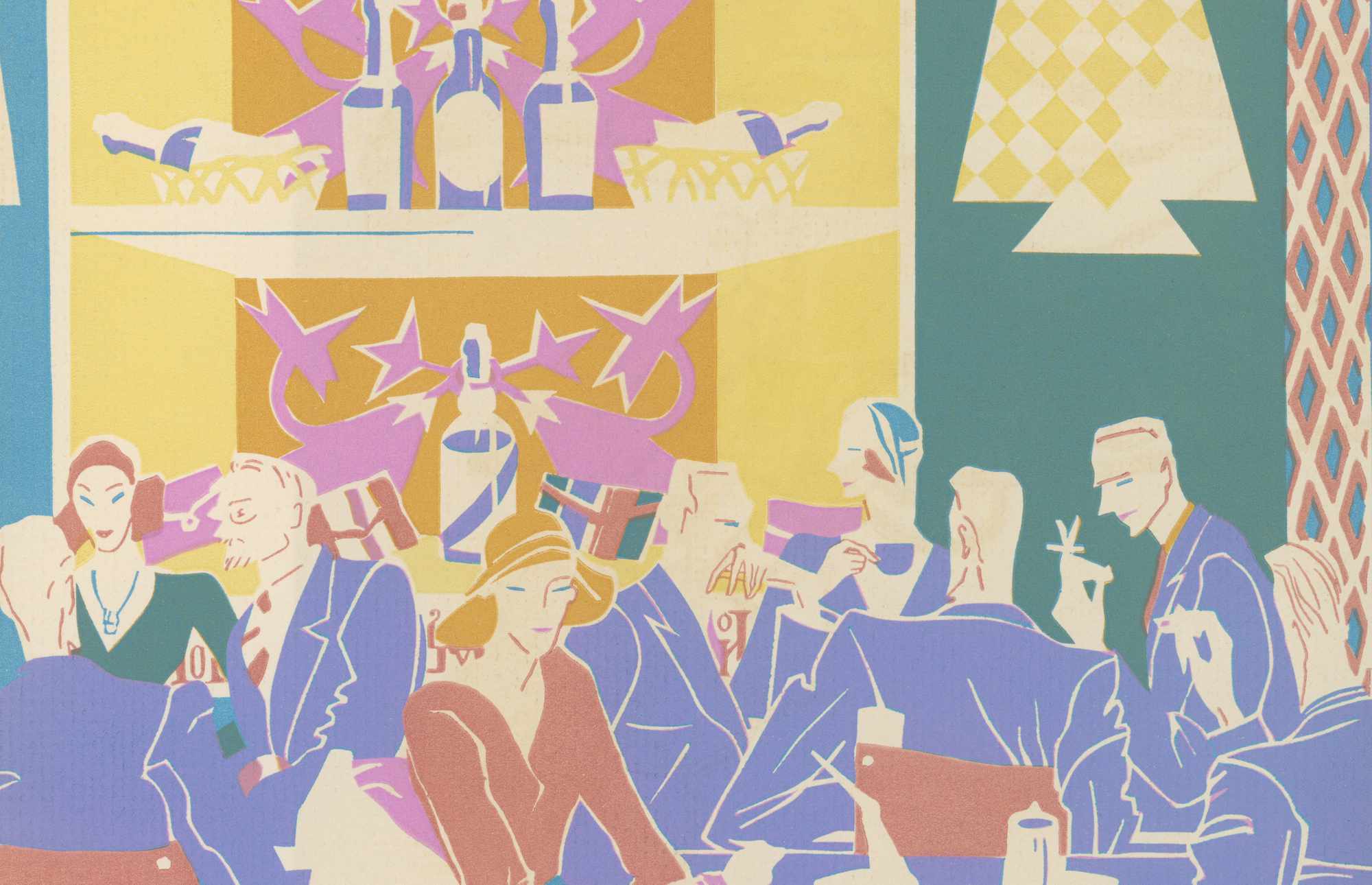 Historiallinen vuoden 1931 silkkipainokuva asiakkaista, jotka istuvat pöydissä art deco -värisessä jazzklubissa