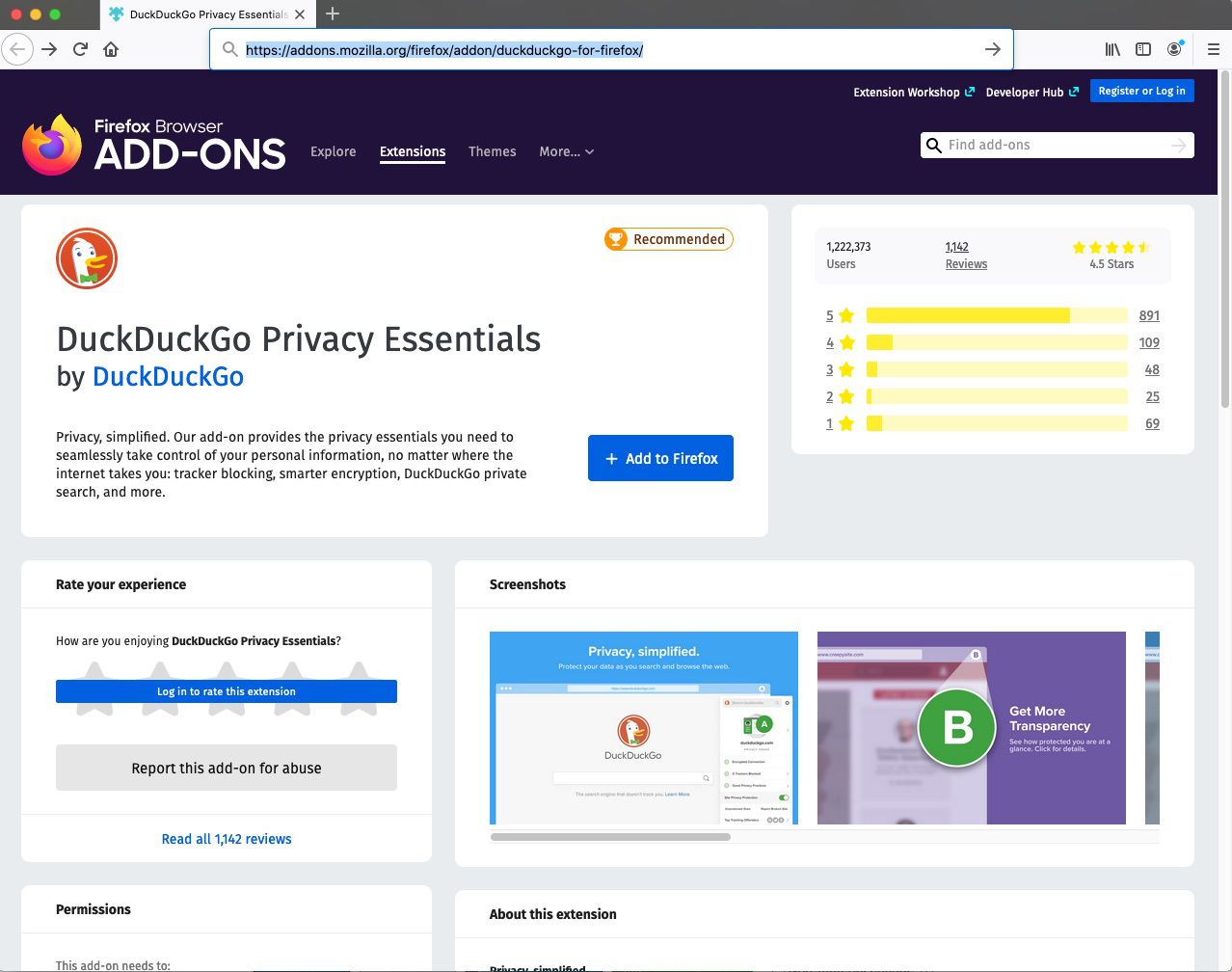 Löydä DuckDuckGo Privacy Essentials Mozilla Firefox -lisäosasivulta.