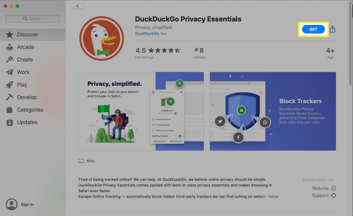 Siirry DuckDuckGo Safari -laajennukseen Mac App Storessa ja valitse Hanki.