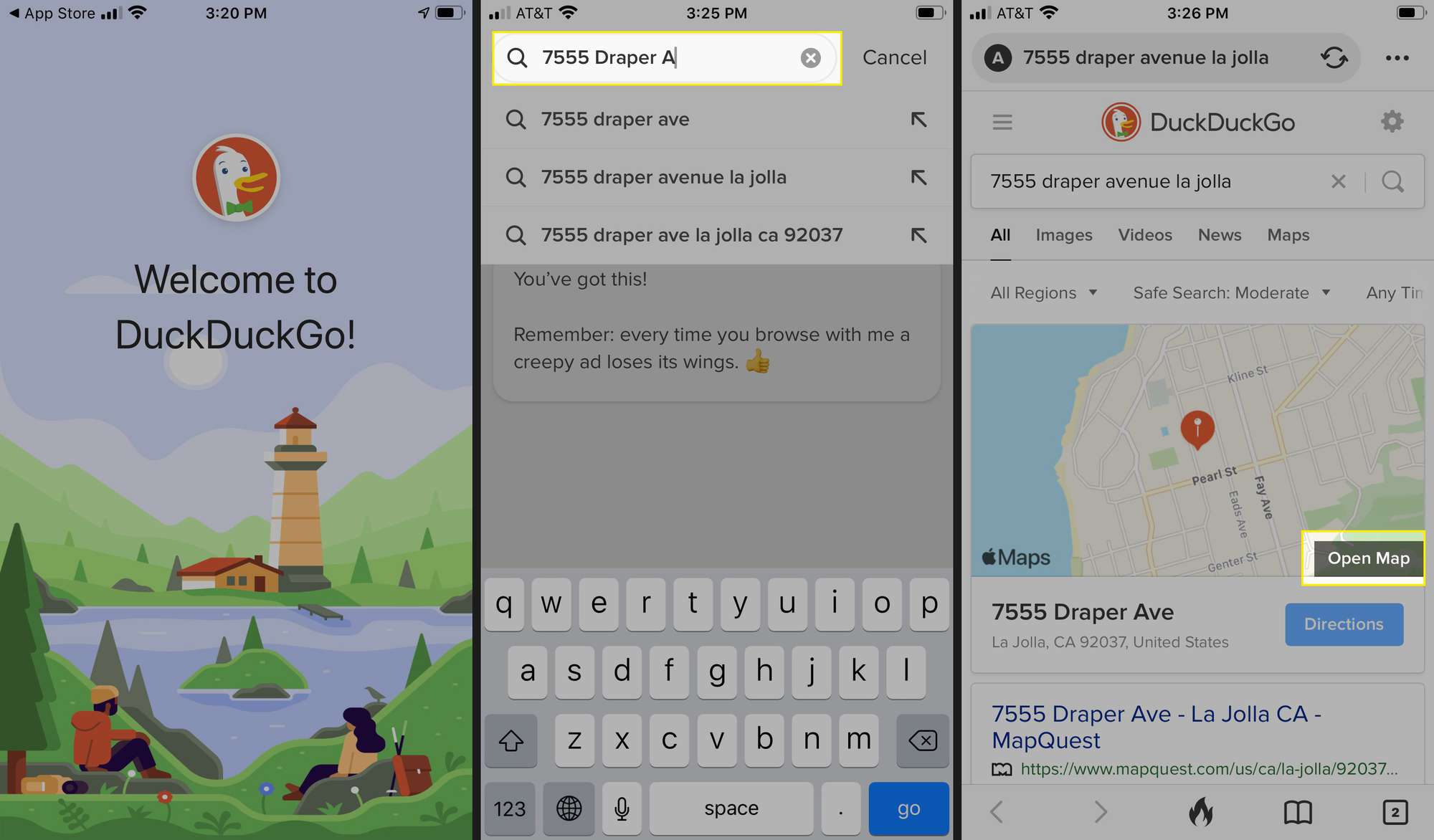 Etsi kartalta DuckDuckGo-mobiilisovelluksessa