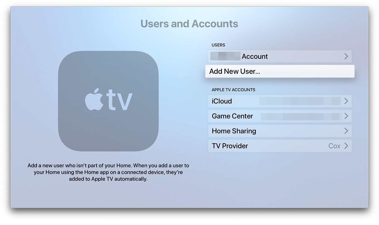 Apple TV:n käyttäjien ja tilien asetukset