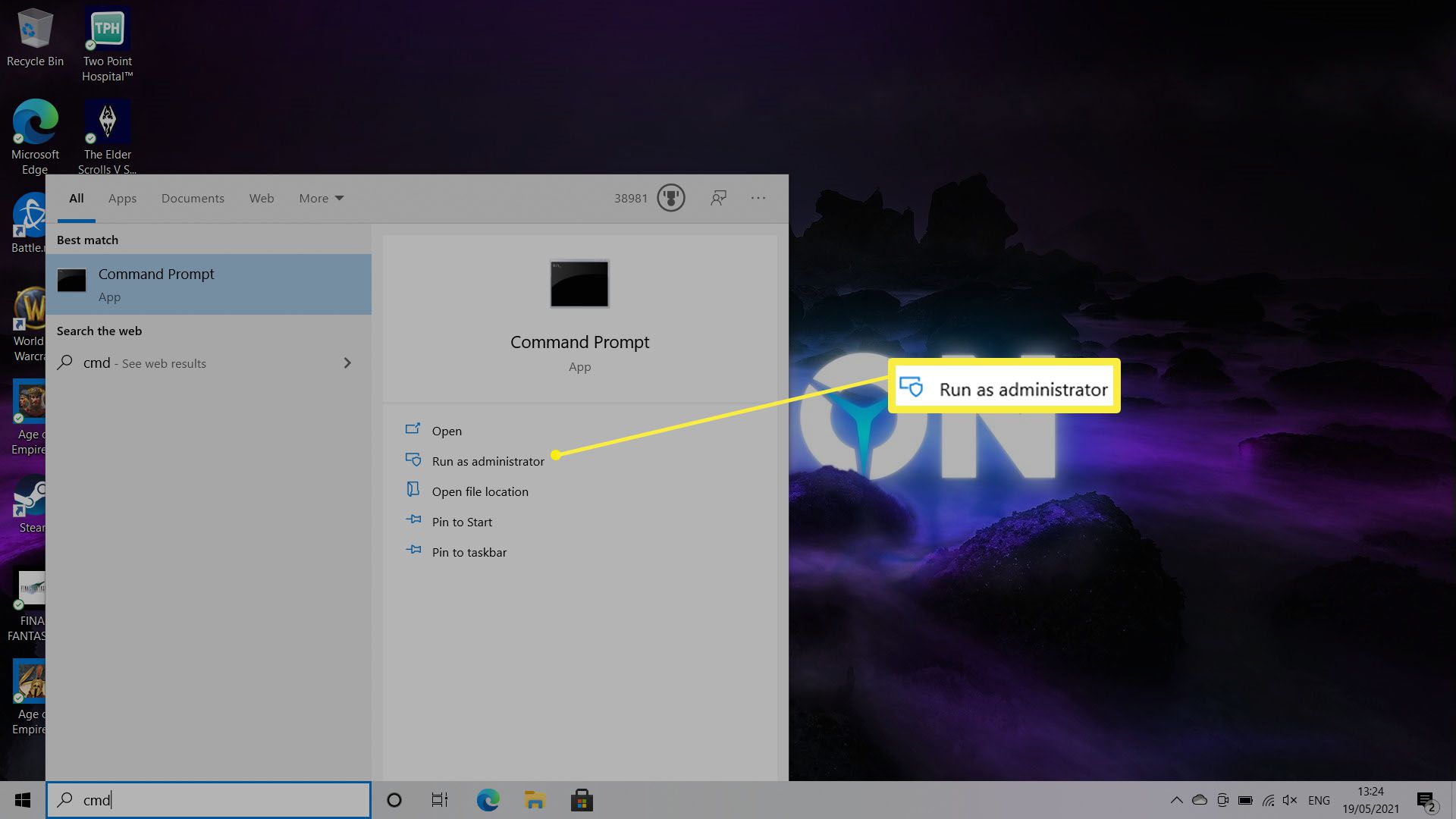 Windows 10 -työpöytä, jossa Suorita järjestelmänvalvojana korostettuna