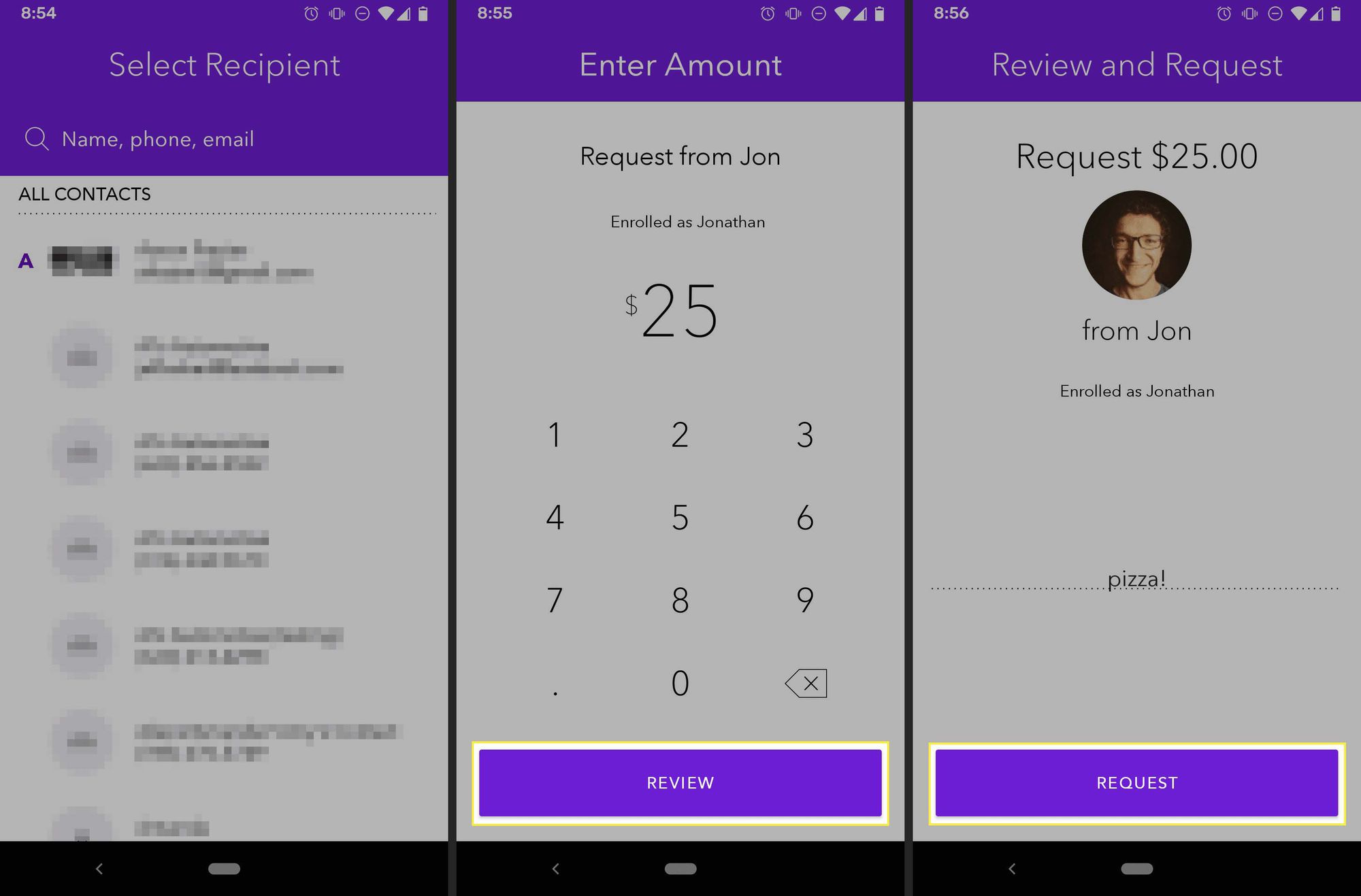 Zelle Android-sovellus, joka pyytää rahaa toiselta käyttäjältä.