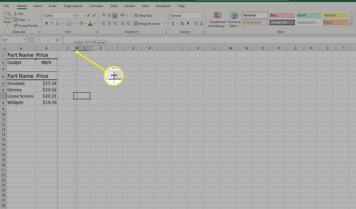 Hiiren käyttäminen sarakkeen leveyden muuttamiseen Excelissä