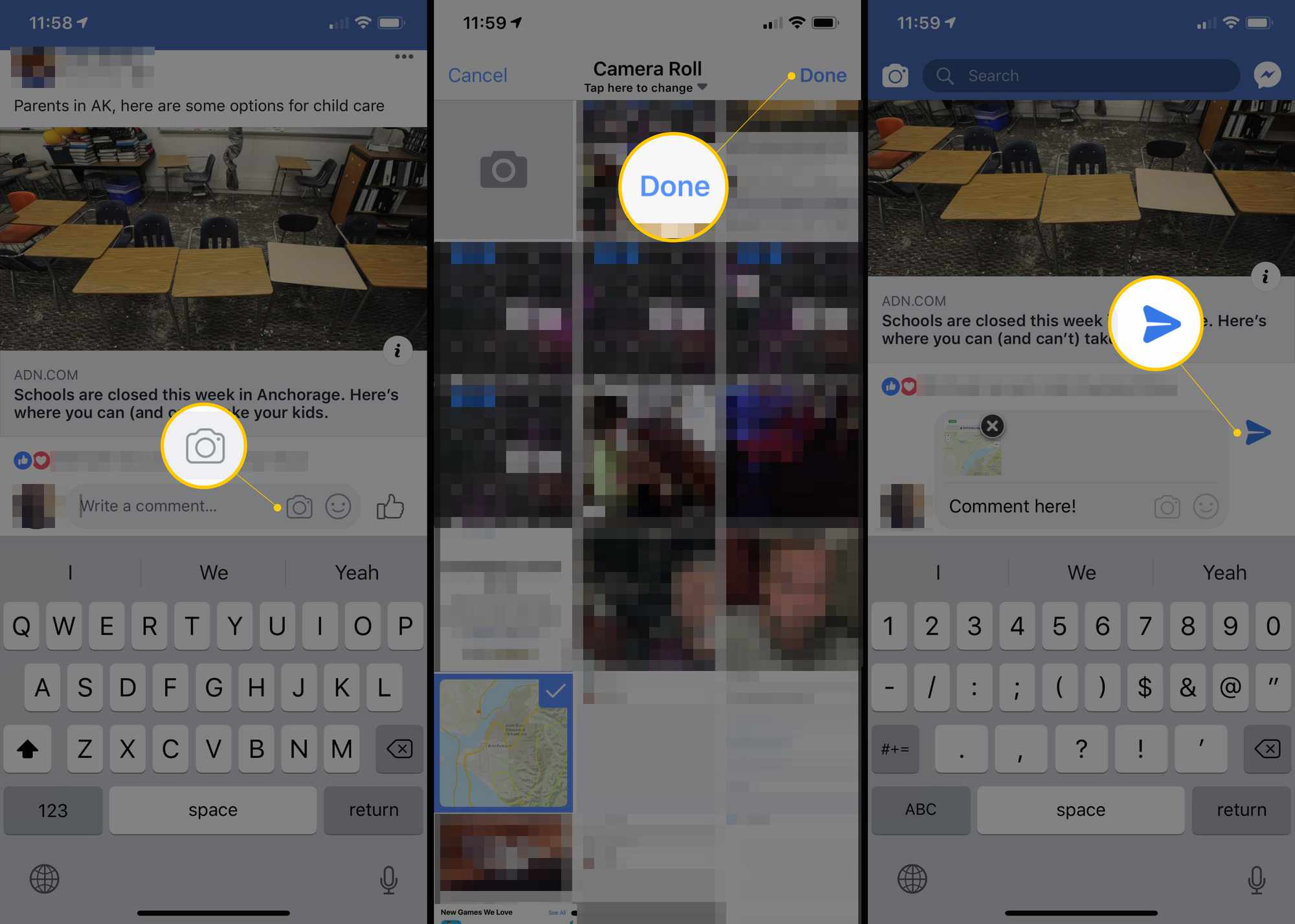 Kolme Facebook iOS -näyttöä, joissa näkyy kamerakuvake, Valmis-painike ja Lähetä-painike