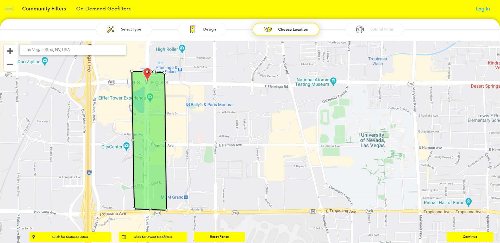 Google Maps -kuva, jossa on korostettuna Las Vegas Strip mukautettua Snapchat-geantiota varten.
