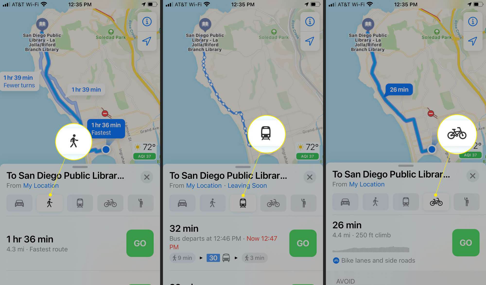 Apple Mapsin reittiohjeet kävellen, julkisen liikenteen ja pyöräilyn kuvakkeilla korostettuina