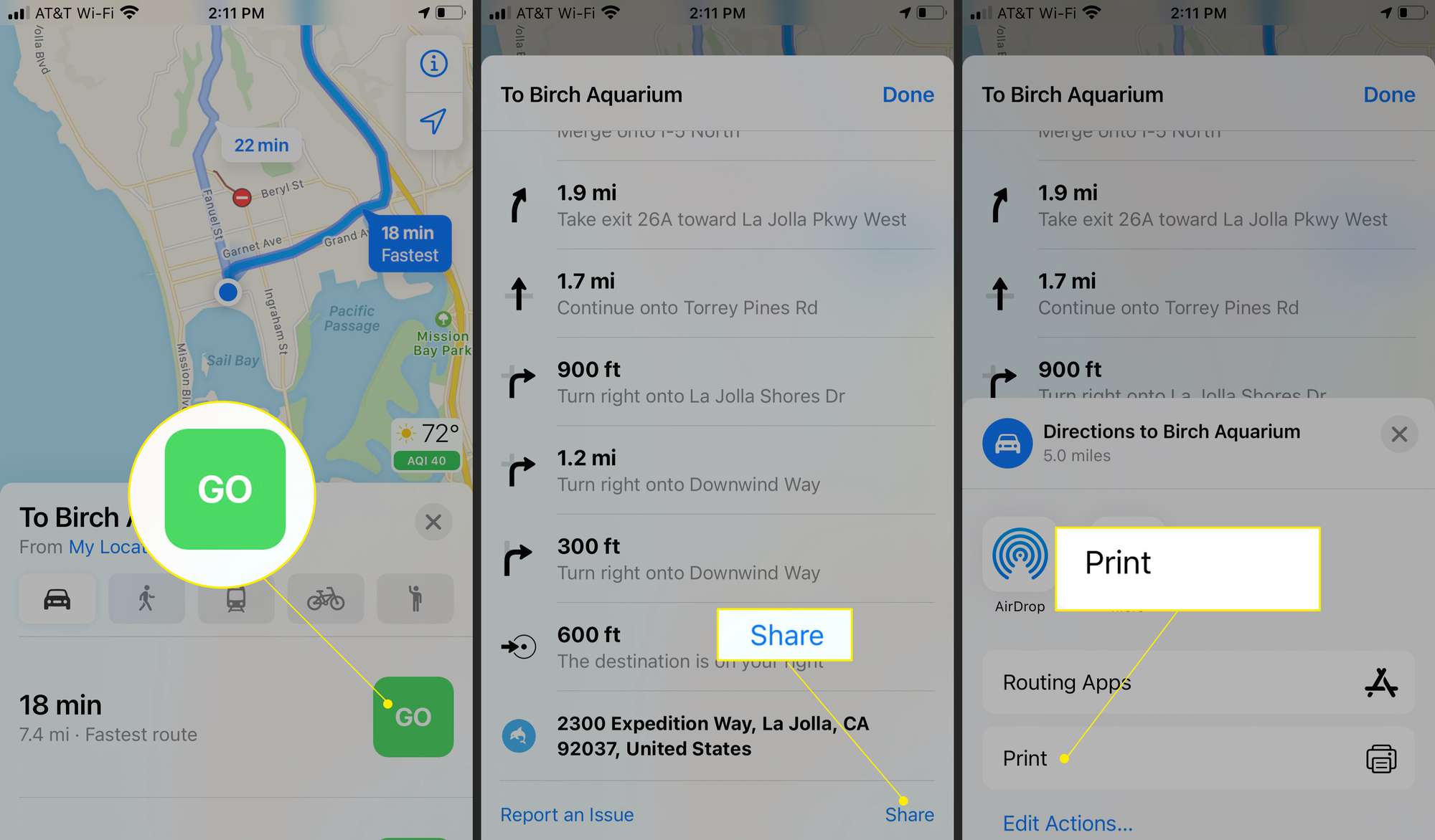 Apple Maps, jossa Go, Share ja Print on korostettuna
