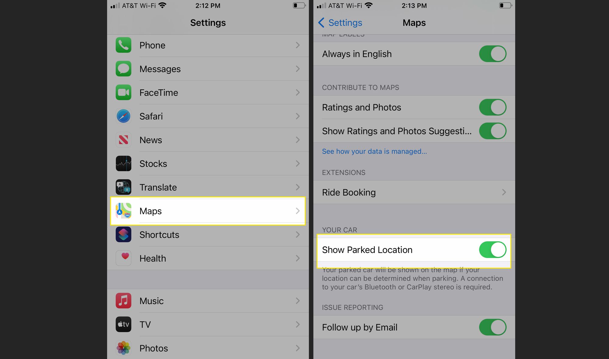 Apple Maps Asetuksissa ja Näytä pysäköintipaikka korostettuna