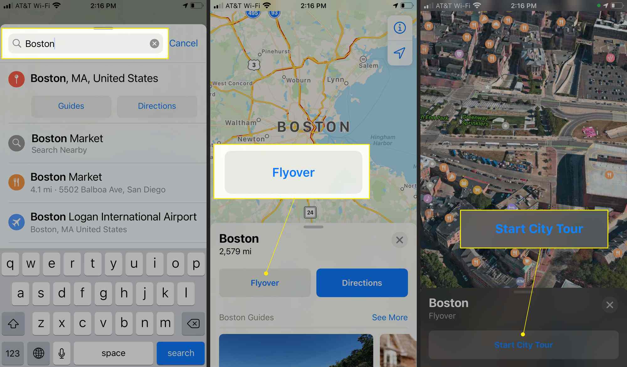 Apple Maps, jossa Boston City Flyover ja Start City Tour korostettuina