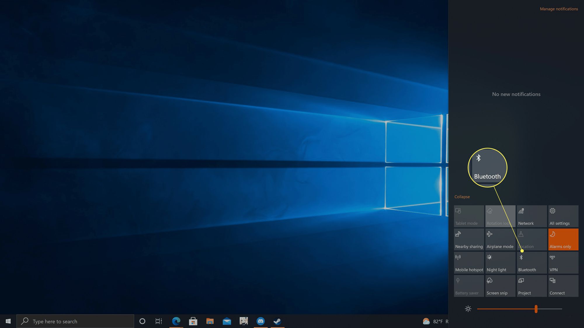 Windows 10:n toimintokeskuksessa korostettu Bluetooth-painike.