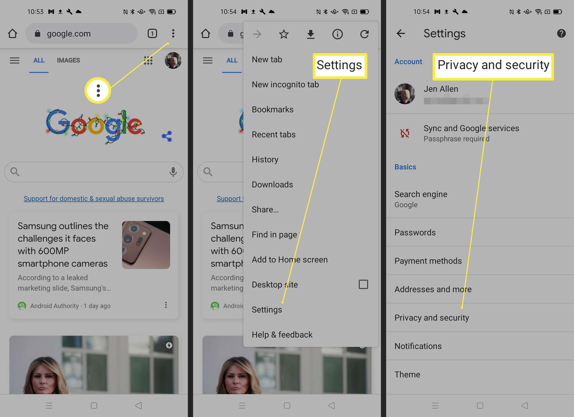 Ohjeet yksityisyys- ja suojausasetusten löytämiseen Androidin Google Chromessa