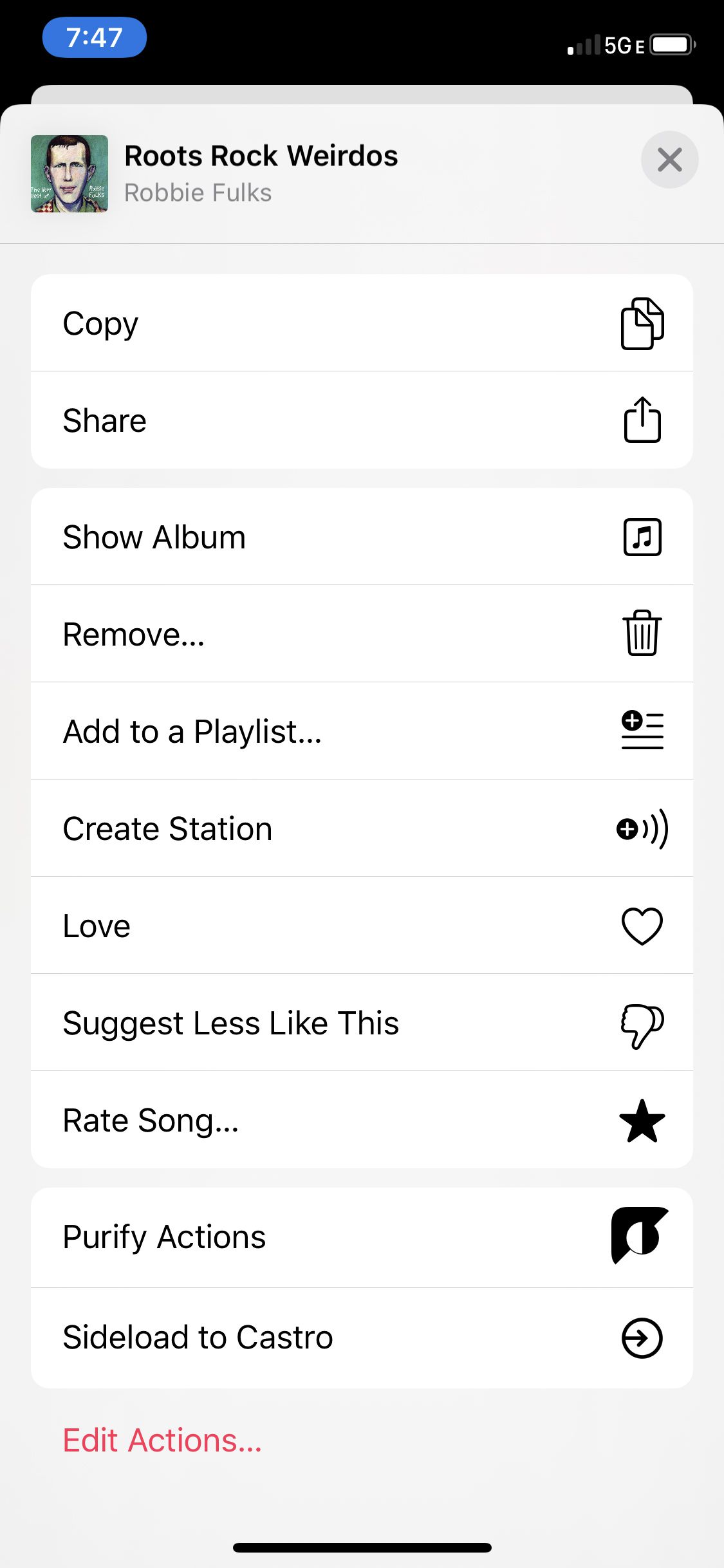 Kuvakaappaus iOS Music -sovelluksen jakamisasetuksista
