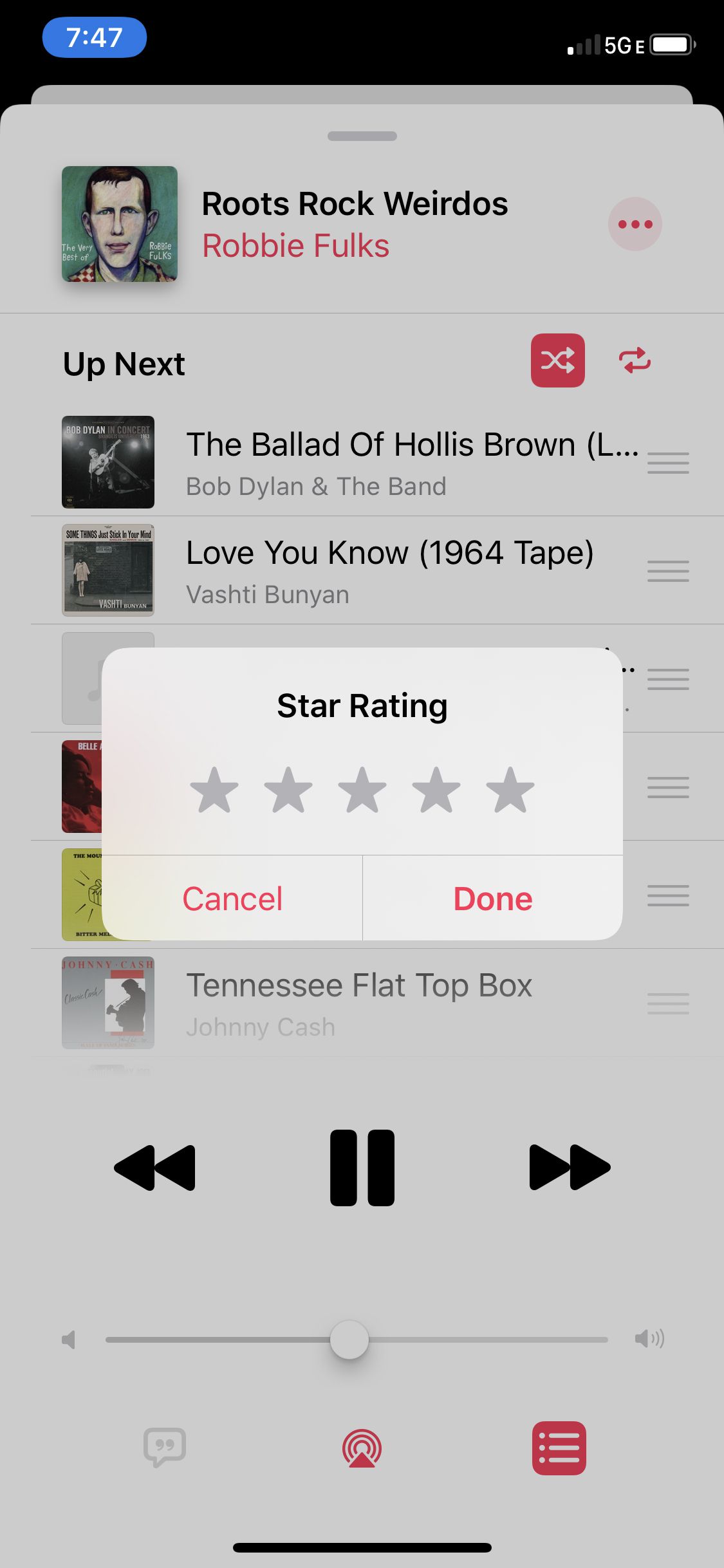 Kuvakaappaus tähtiluokitusvaihtoehdosta iOS-musiikkisovelluksissa