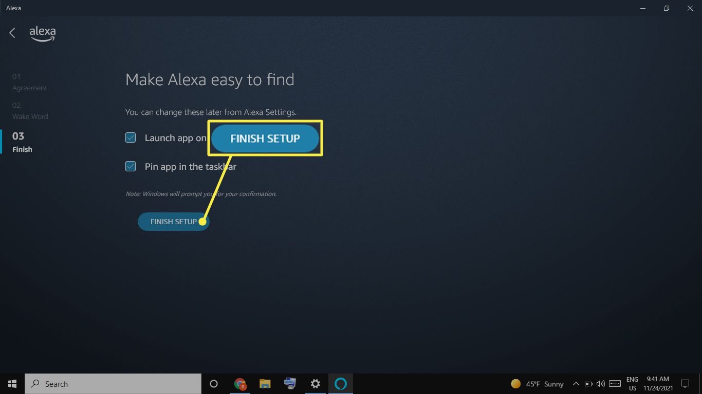 Viimeistele asennus Windows Alexa -sovelluksessa