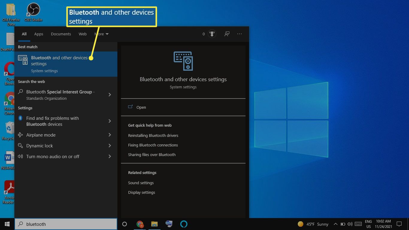 Bluetoothin ja muiden laitteiden asetukset Windows 10:n Käynnistä-valikossa