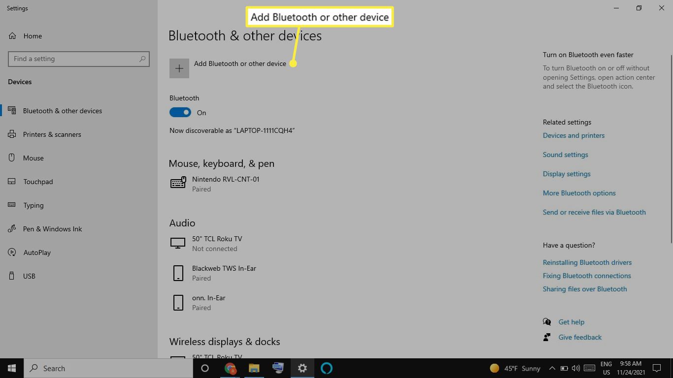 Lisää Bluetooth tai muita laitteita Windowsin asetuksissa