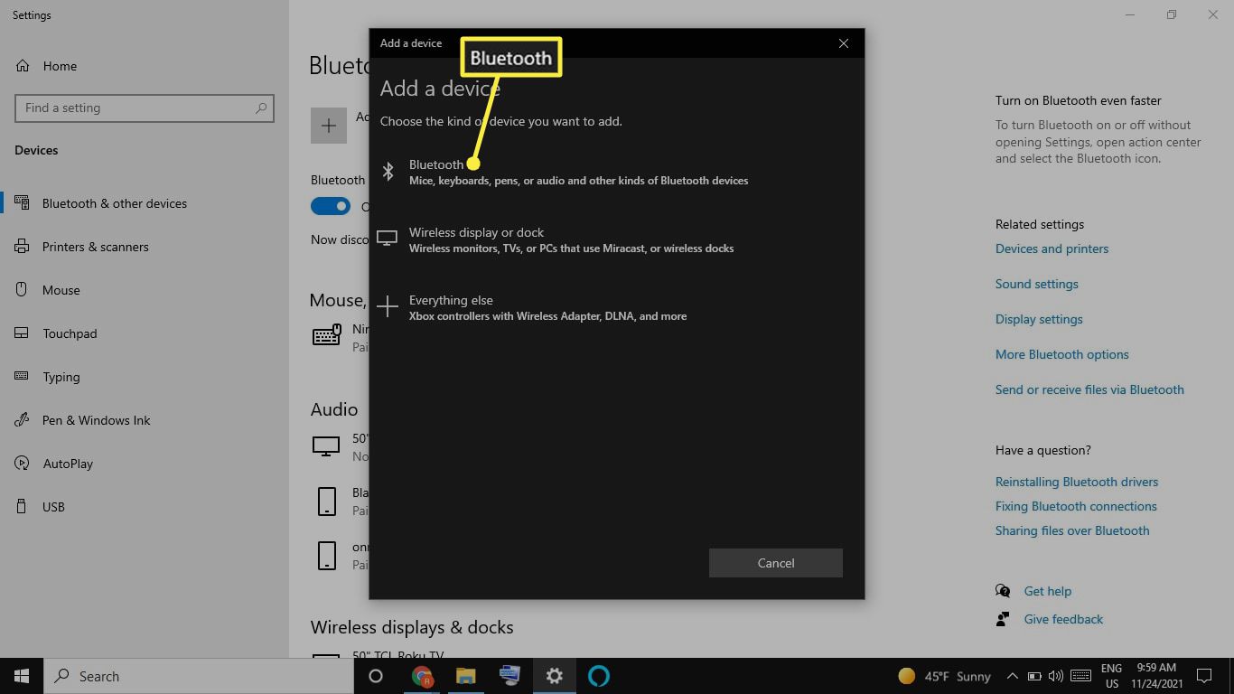 Bluetooth Windowsin Lisää laite -näytössä