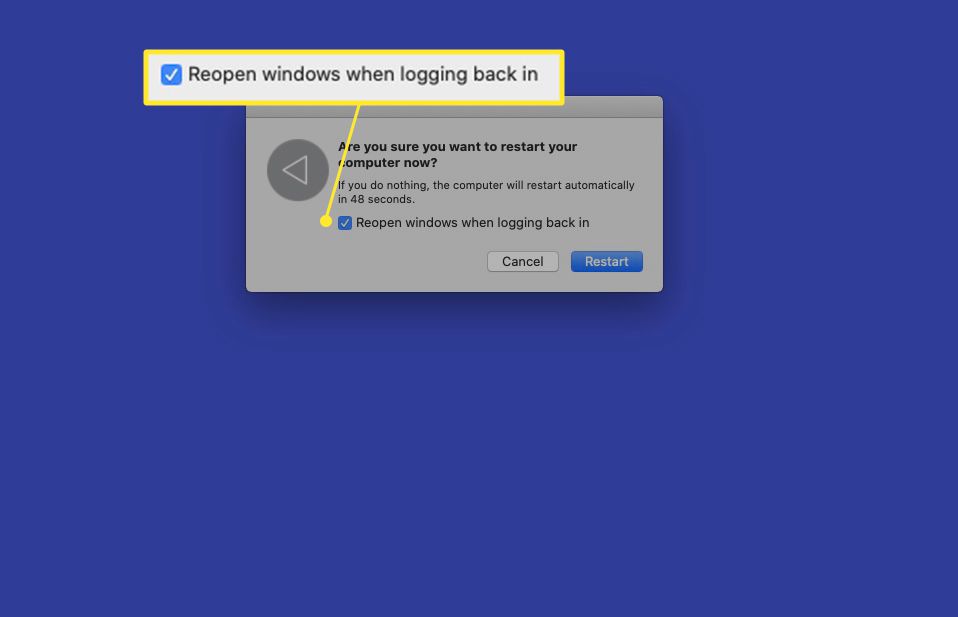Käynnistä MacBook uudelleen -valintaikkuna, jossa on "Avaa ikkunat uudelleen sisäänkirjautumisen yhteydessä" -valintaruutu