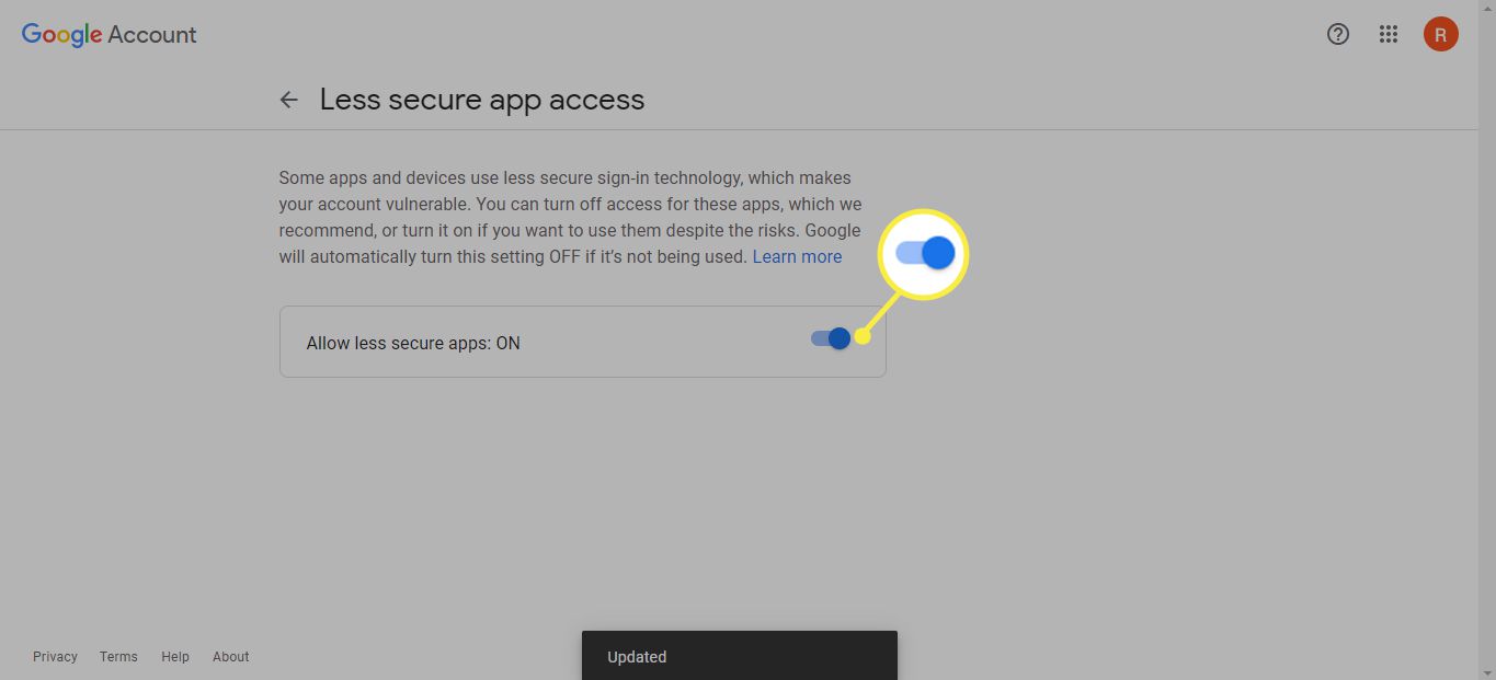 Gmailin vaihtokytkin vähemmän turvallisille sovelluksille Päällä-asennossa