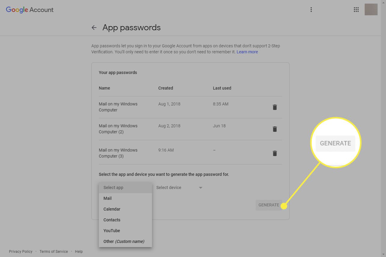 Kuvakaappaus Google App Passwords -näytöstä, jossa Luo-painike on korostettuna