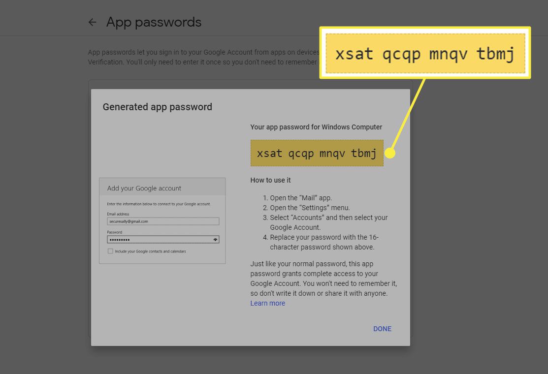 Kuvakaappaus Google App Passwords -näytöstä, jossa sovelluksen salasana on korostettuna