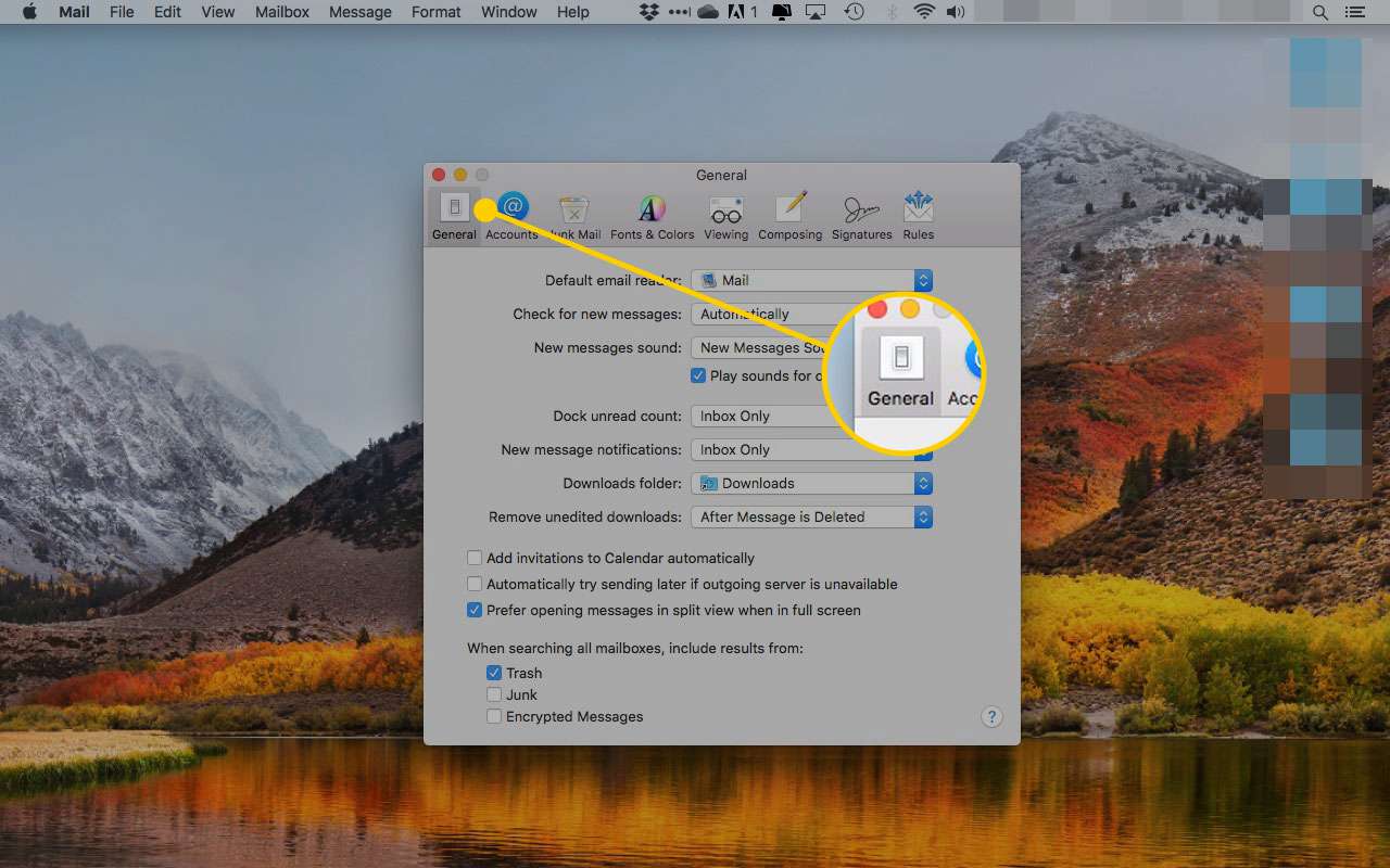 macOS X Mail -asetukset, joissa Yleiset-välilehti on korostettuna