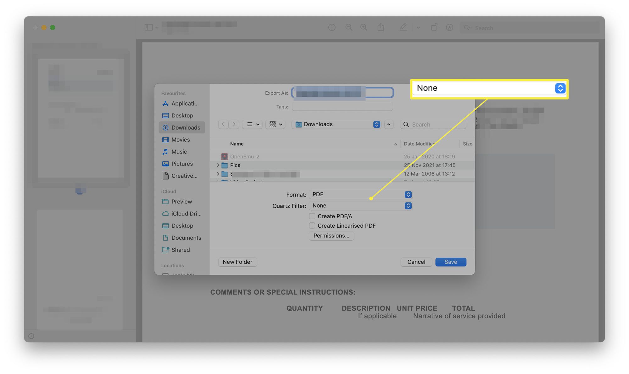 MacOS Preview -sovellus, jossa on kvartsisuodatin korostettuna tiedostontallennusikkunassa 