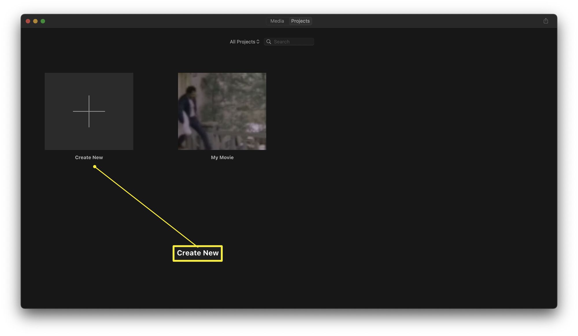 iMovie-sovellus MacOS:ssa, jossa Luo uusi korostettuna